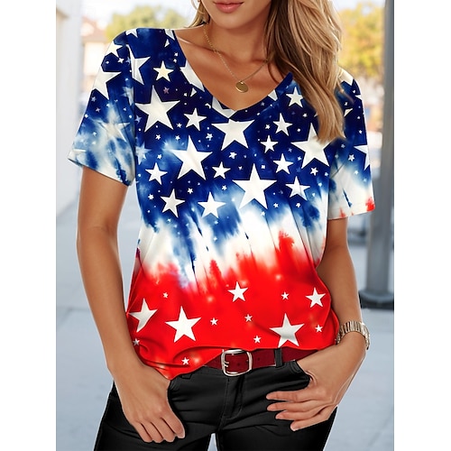  camiseta יום העצמאות לנשים אדום לבן וכחול דגל אמריקאי אופנתי קצר שרוול צוואר V רגיל טופים דפוס יומי אדום קיץ