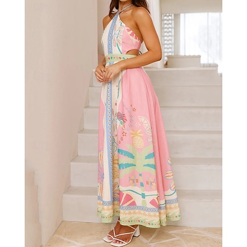  Damen Langes Kleid Maxikleid Baumwoll-Leinen-Kleider Freizeitkleid Mode Outdoor Party Ferien Normale Passform Blume Kurzarm Neckholder Rosa Sommer