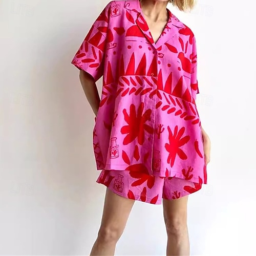  Femmes Mode Streetwear Ensembles en coton et lin Ensembles de Shorts Manche Courte Col de chemise Abstrait Imprimé Tenue quotidienne Date Rose Claire Été Coupe régulière