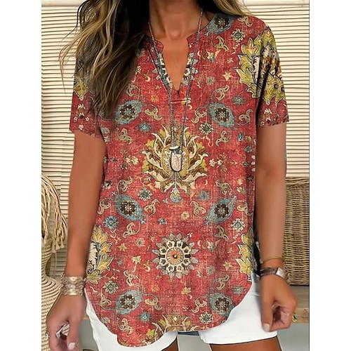  Femmes Chemise Bohème Graphique Paisley Élégant Bohème ancien Manche Courte Col en V Hauts Réguliers Quotidien Fête Sortir Blanche Rose Claire Rouge Bleu Violet Été