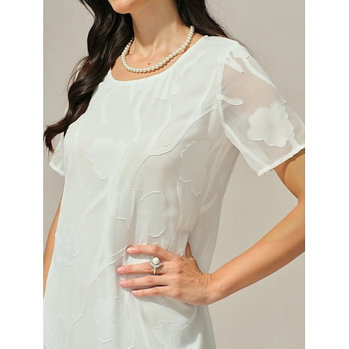  Dame Mini kjole Chiffonkjoler Elegant Fritid Løstsittende Blomstret Kortermet Crew-hals Hvit Sommer