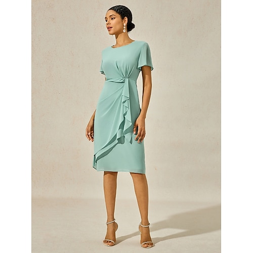  Mulheres Vestido midi Vestido Em Camadas Elegante Formal Borboleta Convidado do casamento Coquetel Normal Tecido Manga Curta Gola Redonda Verde Sage Verão