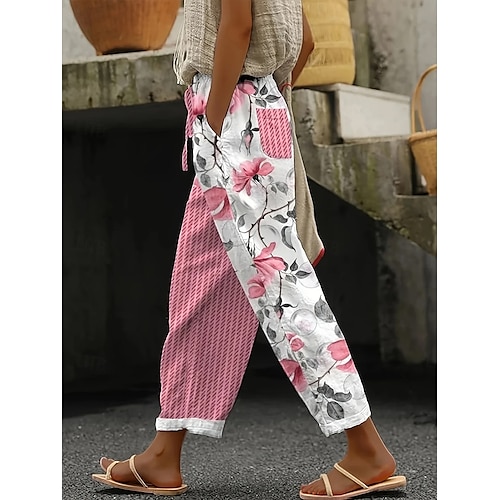  Dam Kinesiska Säckiga byxor Beach Shorts Vintage Mode Grundläggande Fullängd Hög midja Blommig Grafisk Rutig Tryck Andningsfunktion Mjuk Microelastisk Semester Casual Ledigt Rosa Sommar Vår Normal