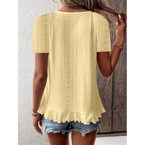  Women's T Shirt Solid Color Plain Basic Casual Short Sleeve Crew Neck Regular Tops Daily Weekend Ruffle Eyelet White Yellow Pink Green Summer