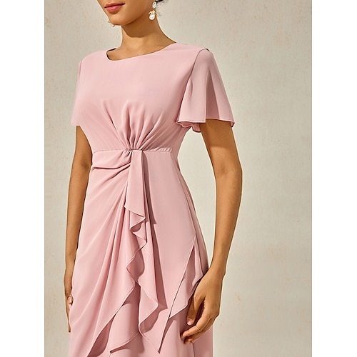  Mulheres Vestido midi Vestido Em Camadas Elegante Formal Borboleta Convidado do casamento Coquetel Normal Tecido Manga Curta Gola Redonda Rosa empoeirada Verão