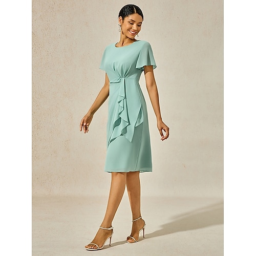  Mulheres Vestido midi Vestido Em Camadas Elegante Formal Borboleta Convidado do casamento Coquetel Normal Tecido Manga Curta Gola Redonda Verde Sage Verão