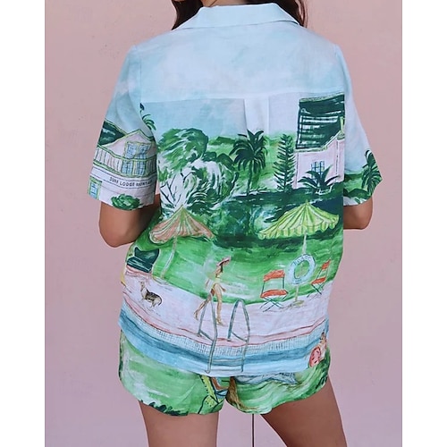  Femmes Mode Streetwear Chemises en coton et lin Ensembles en coton et lin Ensembles de Shorts Manche Courte Col de chemise Impression Imprimé Tenue quotidienne Date Bleu Été Coupe régulière