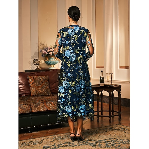  Per donna Insieme del vestito Tubino cocktail Abiti semi formali Floreale Pizzo Ricamato Abito Midi Manica Lunga Girocollo Formale Feste Blu marino Primavera Autunno Vestibilità regolare