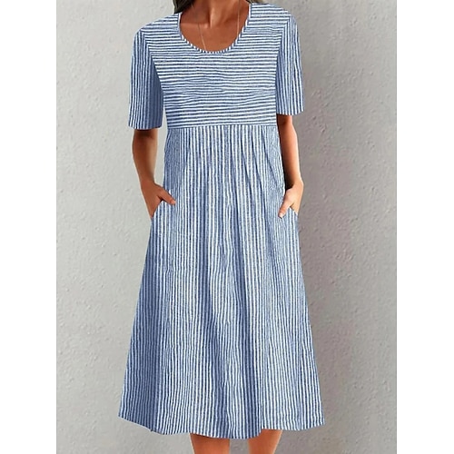  Femmes Robe Midi Robe trapèze Robe d'été Vacances Occasionnel Quotidien Fête Coupe Ample Graphique Géométrique Rayé Demi Manches Col ras du cou Bleu Gris Été
