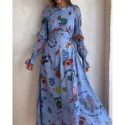  Pentru femei Rochie Lunga Rochie Maxi Rochii de in bumbac Rochie casual Modă În aer liber Petrecere Concediu Fit regulat Vopsire Manșon Lung Stil Nautic Albastru piscină Vară