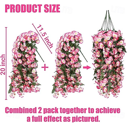  Pachet de 2 flori artificiale false, plante suspendate pentru exterior, decor de primăvară-vară, din mătase artificială, rezistente la UV, viță de vie realistă, pentru verandă, terasă, balcon