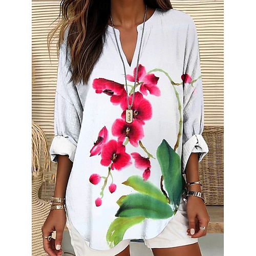  Damen Sommeroberteile Blumen Grafik Vintage Tropisch Hawaiianisch Langarm V Ausschnitt Normale Oberteile Täglich Ferien Strandbekleidung Druck Weiß Hellgrün Blau Khaki Sommer Frühling