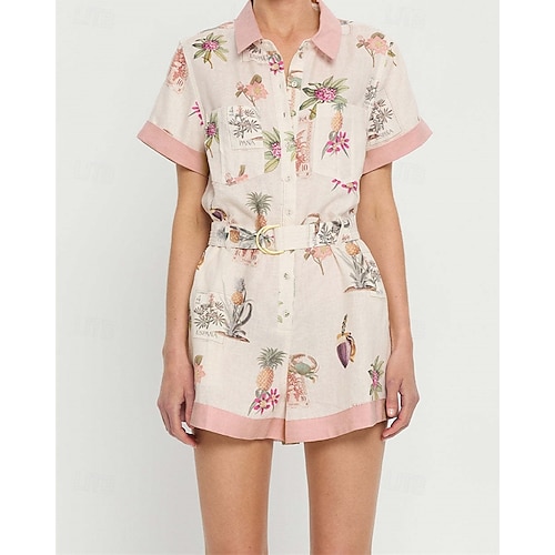  Femmes Normal Combishort Actif Fleuri Manche Courte Tee-shirt Shorts amples Col de chemise Avec Poches Ceinturé Rue Quotidien Coupe régulière Rose Claire Été