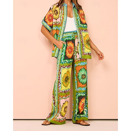  Femmes Mode Streetwear Chemises en coton et lin Ensembles de Pantalons Manche Courte Col de chemise Fleuri Imprimé Tenue quotidienne Date Vert Été Coupe régulière