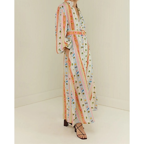  Per donna Abito Lungo Maxi Abito Abiti in cotone e lino Vestito Casual Moda All'aperto Feste Ferie Vestibilità regolare Tropicale Manica Lunga Colletto a Camicia Arancione Estate