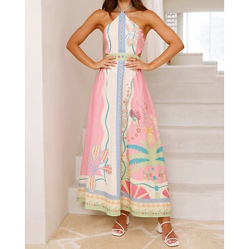  Damen Langes Kleid Maxikleid Baumwoll-Leinen-Kleider Freizeitkleid Mode Outdoor Party Ferien Normale Passform Blume Kurzarm Neckholder Rosa Sommer