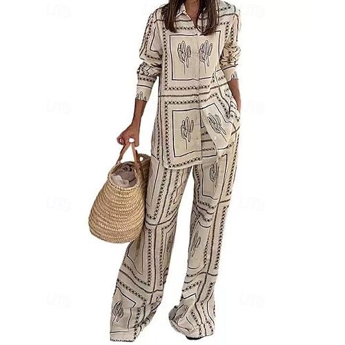  Femmes Mode Streetwear Chemises en coton et lin Ensembles en coton et lin Ensembles de Pantalons Manche Courte Col de chemise Géométrique Imprimé Tenue quotidienne Date Beige Été Coupe régulière
