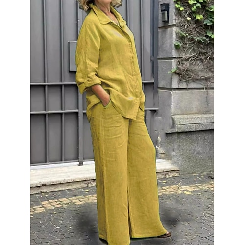 Femmes Actif Basique Ensembles en coton et lin manche longue Col de chemise Couleur Unie Décontracté Quotidien Noir Blanche Jaune Été Coupe régulière