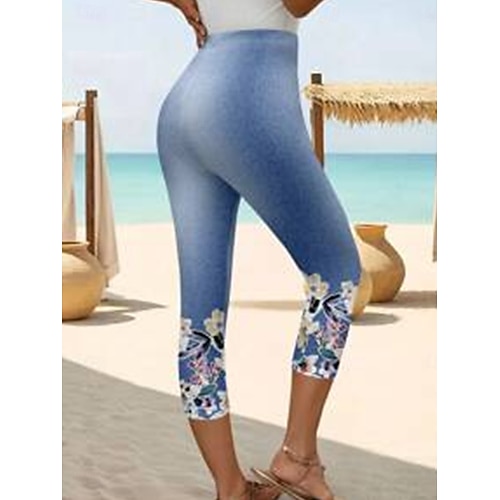  Women's Leggings Capri Pants 3D Print High Elasticity Vintage Fashion Ethnic Style Calf-Length High Waist Floral Graphic Stretchy Vacation Street Causal Robin's Egg Blue White Summer Spring Slim Fit