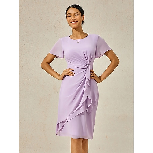  Mulheres Vestido midi Vestido Em Camadas Elegante Formal Borboleta Convidado do casamento Coquetel Normal Tecido Manga Curta Gola Redonda Roxo Claro Verão