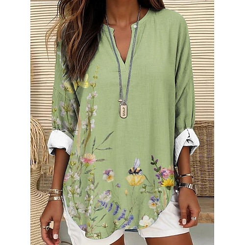  Blouse femme hauts d'été graphique floral vintage tropical hawaïen à manches longues col en V décontractée quotidienne vacances plage imprimé bleu marine bleu violet vert beige printemps été