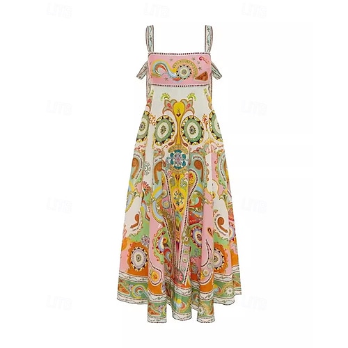  Damen Langes Kleid Maxikleid Baumwoll-Leinen-Kleider Freizeitkleid Mode Outdoor Party Ferien Normale Passform Ethnisch Kurzarm Träger Gelb Sommer