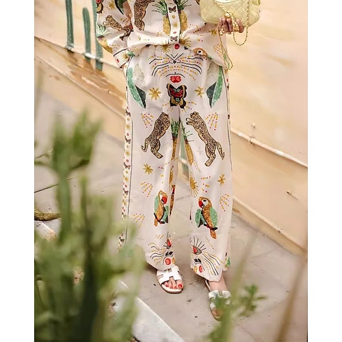  Per donna Moda Streetwear Camicie di cotone e lino Set di biancheria in cotone Set di Pantaloni Manica Lunga Colletto a Camicia Animale Stampato Abbigliamento quotidiano Data Beige Estate Vestibilit