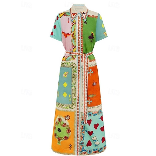  Damen Langes Kleid Maxikleid Baumwoll-Leinen-Kleider Freizeitkleid Mode Outdoor Party Ferien Normale Passform Farbblock Kurzarm Hemdkragen Blau Sommer