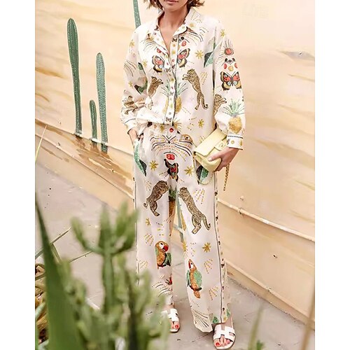 Per donna Moda Streetwear Camicie di cotone e lino Set di biancheria in cotone Set di Pantaloni Manica Lunga Colletto a Camicia Animale Stampato Abbigliamento quotidiano Data Beige Estate Vestibilit