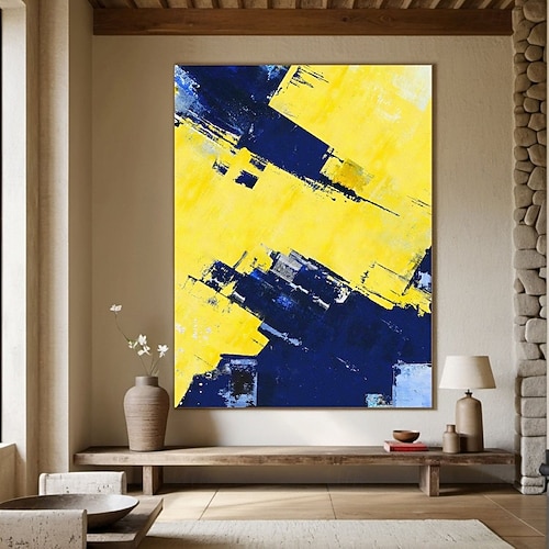 2026年 黄色の油絵、抽象油絵、手作りの抽象画、黄金の渦、職人の手