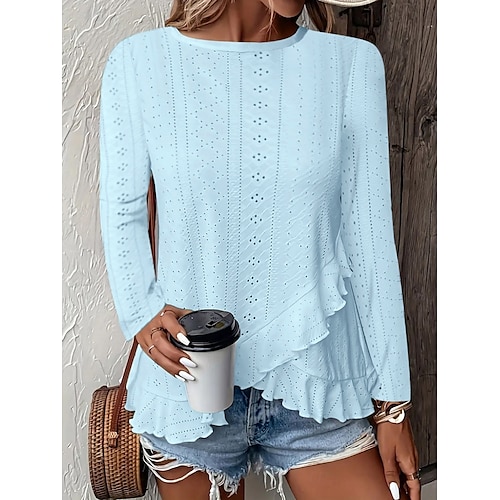  Women's Blouse Solid Color Stylish Casual Long Sleeve Crew Neck Regular Tops Daily Ruffle Eyelet White Yellow Blue Green Summer Spring