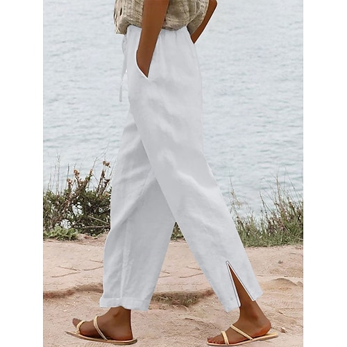 Women's Cotton Linen Pants Solid Color Chinos Vacation Fashion Casual Long High Waist Plain Pocket Drawstring Comfort Outdoor Micro-elastic Vacation Street Daily Camel Wine Black White Summer