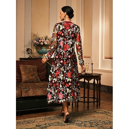  Per donna Insieme del vestito Abito a trapezio cocktail Abiti semi formali Floreale Pizzo Ricamato Abito Midi Manica Lunga Girocollo Formale Feste Borgogna Primavera Autunno Vestibilità regolare