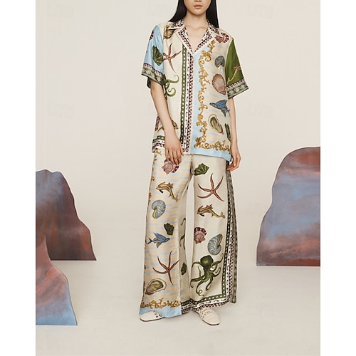  Femmes Mode Streetwear Chemises en coton et lin Ensembles en coton et lin Ensembles de Pantalons Manche Courte Col de chemise Animal Imprimé Tenue quotidienne Date Kaki Été Coupe régulière