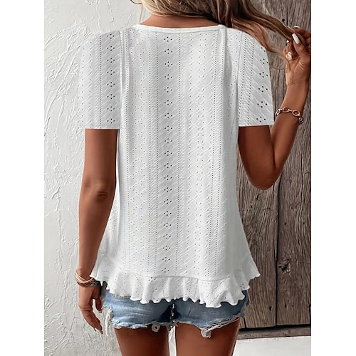  Women's T Shirt Solid Color Plain Basic Casual Short Sleeve Crew Neck Regular Tops Daily Weekend Ruffle Eyelet White Yellow Pink Green Summer