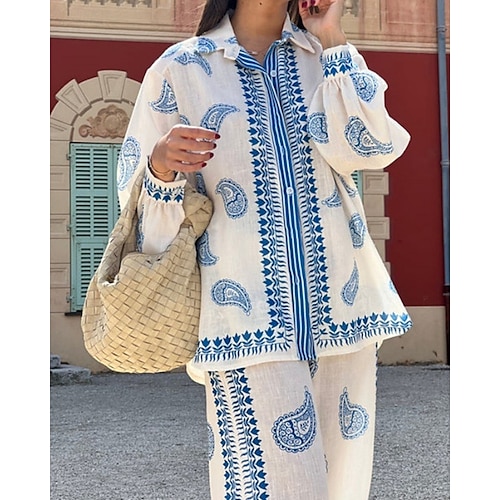  Femmes Mode Streetwear Chemises en coton et lin Ensembles en coton et lin Ensembles de Pantalons manche longue Col de chemise Fleuri Imprimé Tenue quotidienne Date Rose Claire Bleu Beige Été Coupe