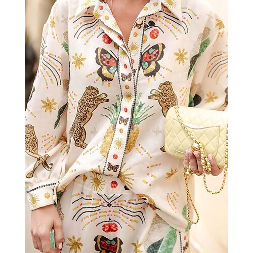  Per donna Moda Streetwear Camicie di cotone e lino Set di biancheria in cotone Set di Pantaloni Manica Lunga Colletto a Camicia Animale Stampato Abbigliamento quotidiano Data Beige Estate Vestibilit