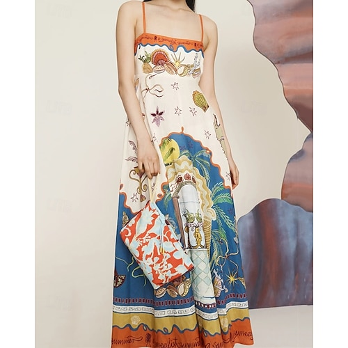  Dámské Dlouhé šaty Maxi šaty Bavlněné lněné šaty Volnočasové šaty Slip Dress Módní Venkovní Párty Dovolená Běžný Tropický vzhled Bez rukávů Špagetová ramínka Žlutá Vodní modrá Oranžová Léto