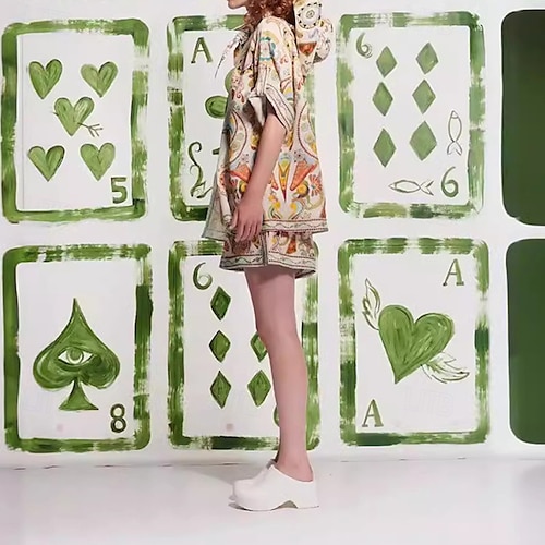  Per donna Moda Streetwear Camicie di cotone e lino Set di biancheria in cotone Set di Pantaloncini Manica Corta Colletto a Camicia Stampa Stampato Abbigliamento quotidiano Data Beige Estate