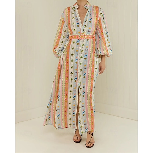  Per donna Abito Lungo Maxi Abito Abiti in cotone e lino Vestito Casual Moda All'aperto Feste Ferie Vestibilità regolare Tropicale Manica Lunga Colletto a Camicia Arancione Estate