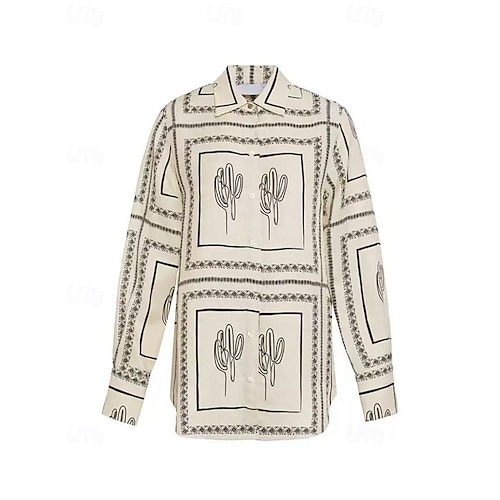  Femmes Mode Streetwear Chemises en coton et lin Ensembles en coton et lin Ensembles de Pantalons Manche Courte Col de chemise Géométrique Imprimé Tenue quotidienne Date Beige Été Coupe régulière