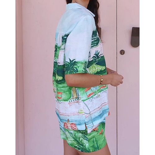  Femmes Mode Streetwear Chemises en coton et lin Ensembles en coton et lin Ensembles de Shorts Manche Courte Col de chemise Impression Imprimé Tenue quotidienne Date Bleu Été Coupe régulière
