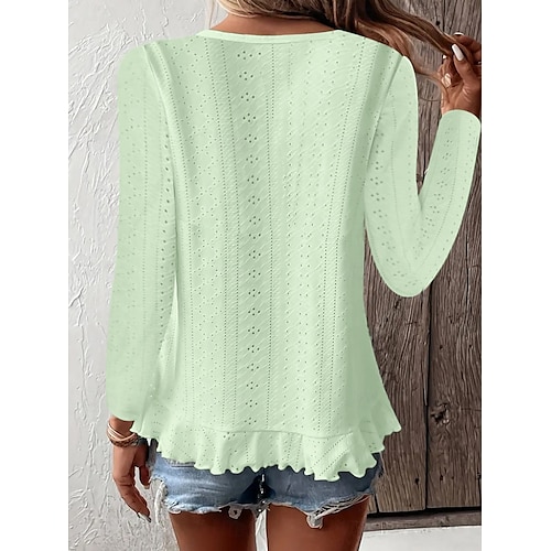  Women's Blouse Solid Color Stylish Casual Long Sleeve Crew Neck Regular Tops Daily Ruffle Eyelet White Yellow Blue Green Summer Spring