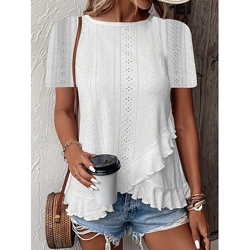  Women's T Shirt Solid Color Plain Basic Casual Short Sleeve Crew Neck Regular Tops Daily Weekend Ruffle Eyelet White Yellow Pink Green Summer