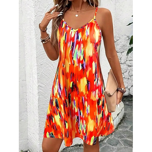 Damen Minikleid A Linie Kleid Sommerkleid Unterkleid Urlaub Lässig Normale Passform Grafik Farbblock Abstrakt Ärmellos V Ausschnitt Blau Orange Sommer Frühling