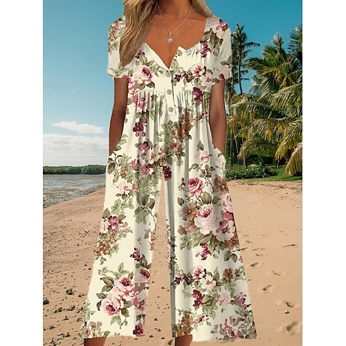  Femmes Normal Combinaison Actif Fleuri Manche Courte Jambe large Col rond Avec Poches Imprimé Vacances Quotidien Coupe régulière Blanche Vert Véronèse Bleu Été