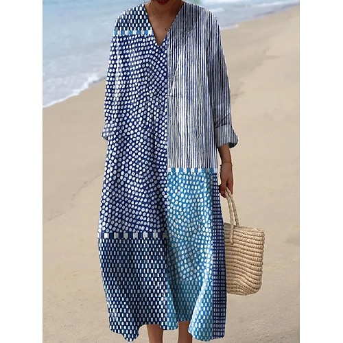 Femmes Robe Midi Robe d'Été Robe trapèze Vacances Occasionnel Boho Sortir Plage Graphique Géométrique Rayure manche longue Col en V Rouge orangé Noir Jaune Rose Claire Été Printemps