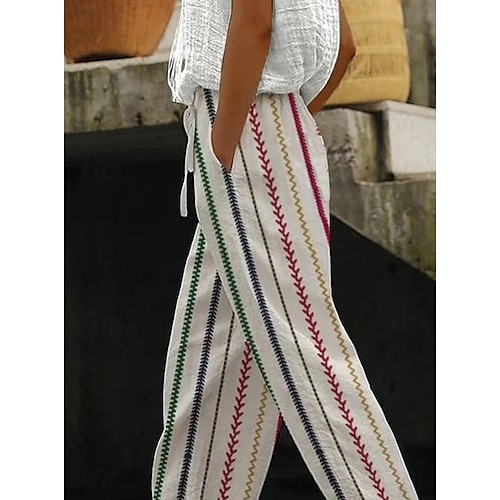  Dame kinesisk Ferie Årgang Etnisk stil Full lengde Høy Midje Stripe Linjer / bølger Stripe Myk Utendørs Pustende Mikroelastisk Formell utendørs Feriereise Hvit Rød Grønn Høst Løstsittende