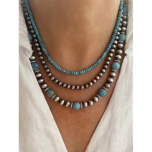 Collar de cuentas turquesas en capas para mujer: joyería de estilo bohemio del suroeste para atuendos casuales, fiestas en la playa y festivales de verano.