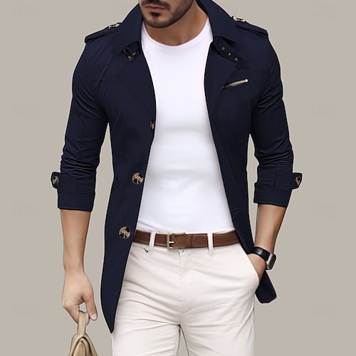 Herren übergangsjacke Trenchcoat Ausgehen Frühling & Herbst Polyester Windjacke Oberbekleidung Bekleidung Streetwear Einfach Umlegekragen Einreihig